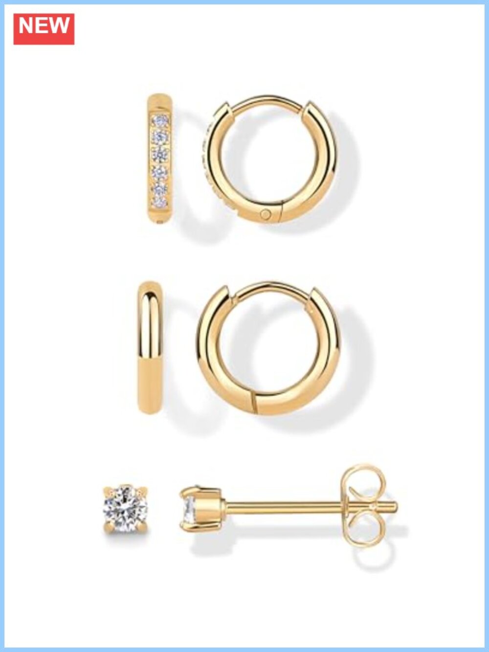Waterproof Huggie Hoop Earrings Set of 3, Stainless Steel CZ Studs, 12mm Hoops,